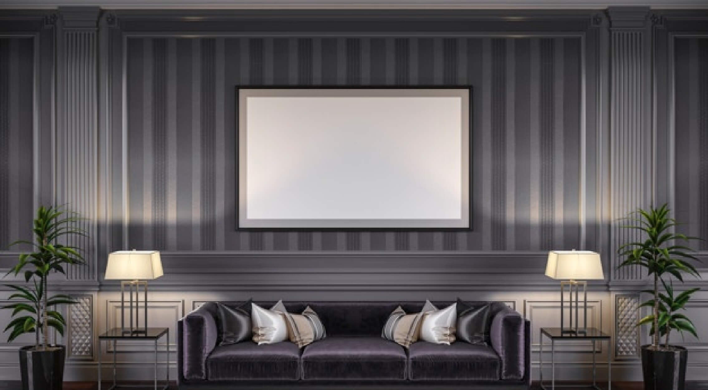 contemporary interior grey tones with sofa striped wallpaper 3d rendering_104611 87@2x