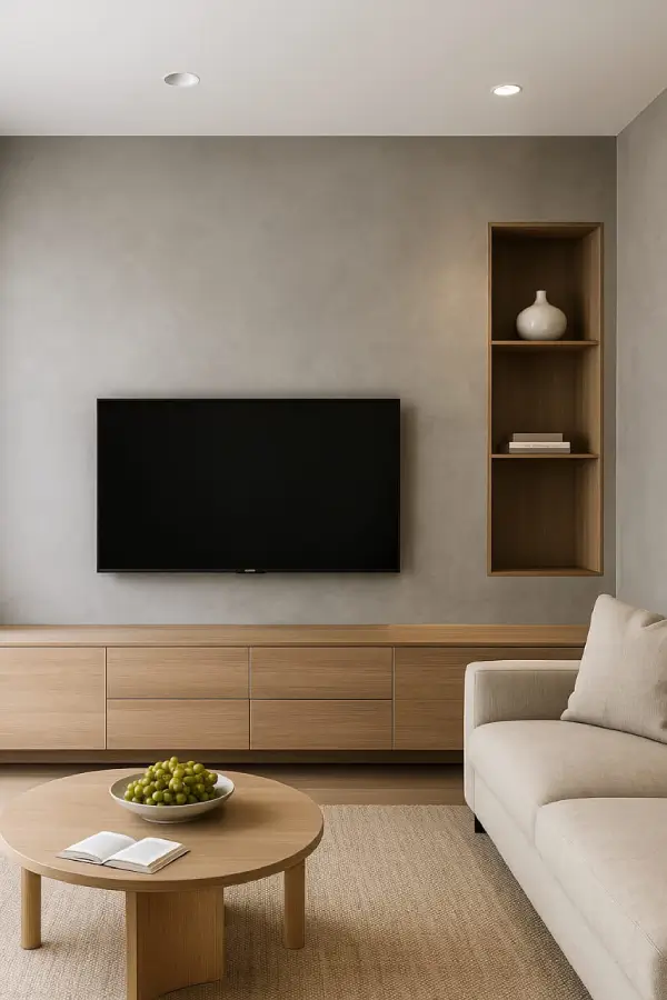 Grey lime plaster wall with concrete finish look in Bangalore living room
