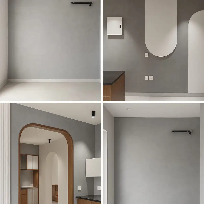 Grey lime plaster wall with concrete finish look in hyderabd living room