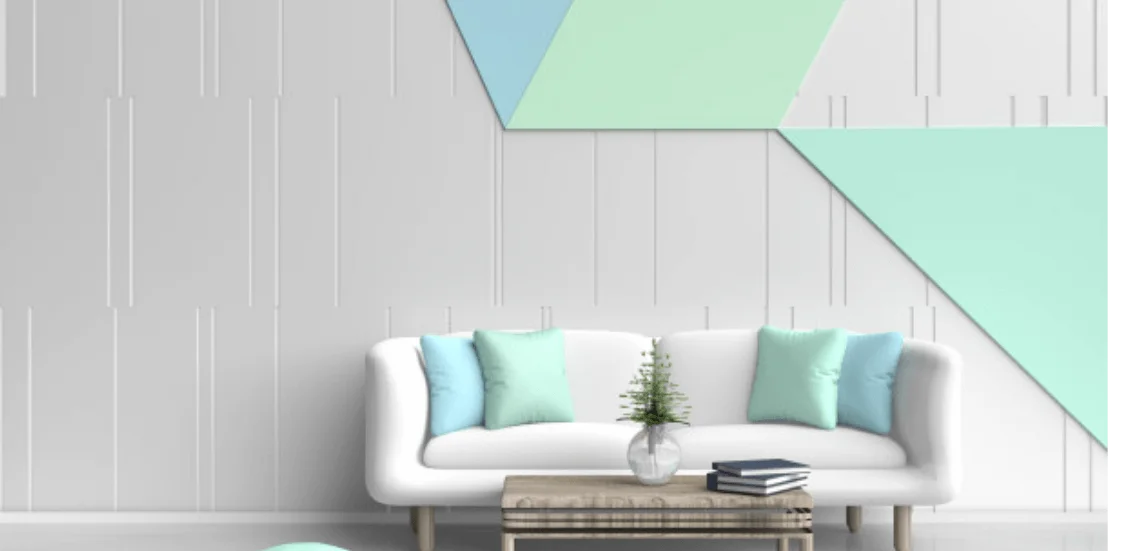 pastel livingroom design decor with white sofa green blue pillows book pastel cement wall 3d