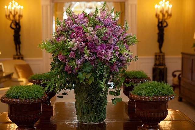 A floral arrangement, created by White House Florist Laura Dowling for the State Visit honoring Mexico, sits in a hallway in the Residence of the White House, May 19, 2010. (Official White House Photo by Samantha Appleton) This official White House photograph is being made available only for publication by news organizations and/or for personal use printing by the subject(s) of the photograph. The photograph may not be manipulated in any way and may not be used in commercial or political materials, advertisements, emails, products, promotions that in any way suggests approval or endorsement of the President, the First Family, or the White House.
