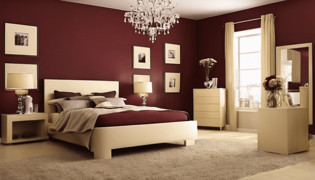 Burgundy and beige colour combination for bedroom walls  - Aapka Painter