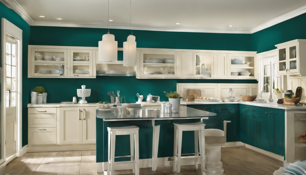 Deep teal and almond white kitchen wall color - Aapka Painter BlogsDeep teal and almond white kitchen wall color - Aapka Painter Blogs