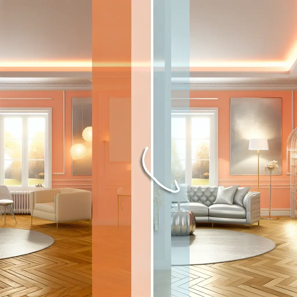 Comparison of warm and cool peach tones in home interiors.
