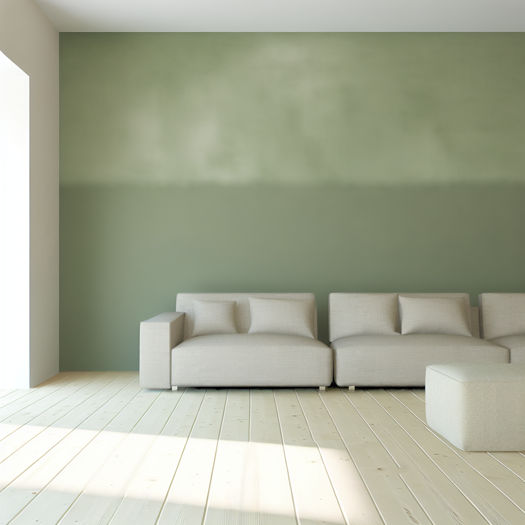 Modern living room with green walls and beige furniture creating a soothing ambiance.
