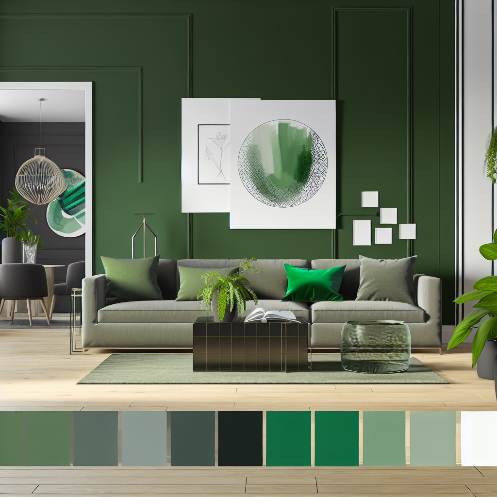 Shade cards with green tones against a painted living room wall for inspiration.
