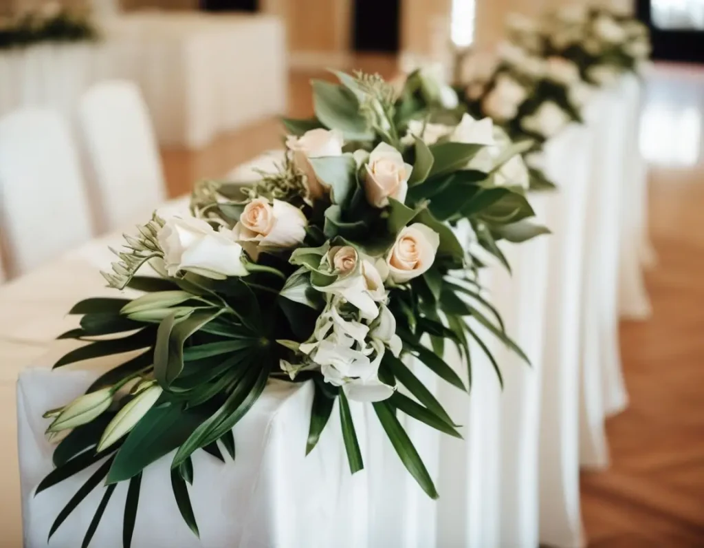 Table adorned with fresh flower arrangements in a vibrant and elegant wedding theme.
