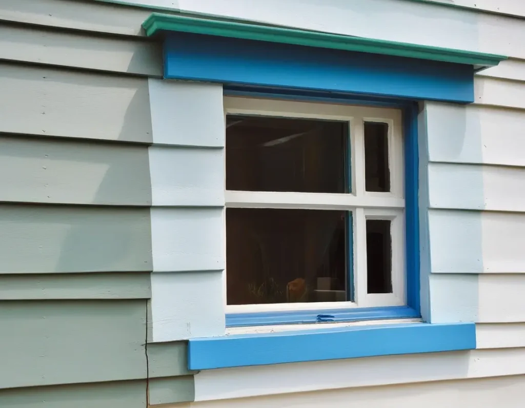 Window frames painted in coastal-inspired blue and green shades.
