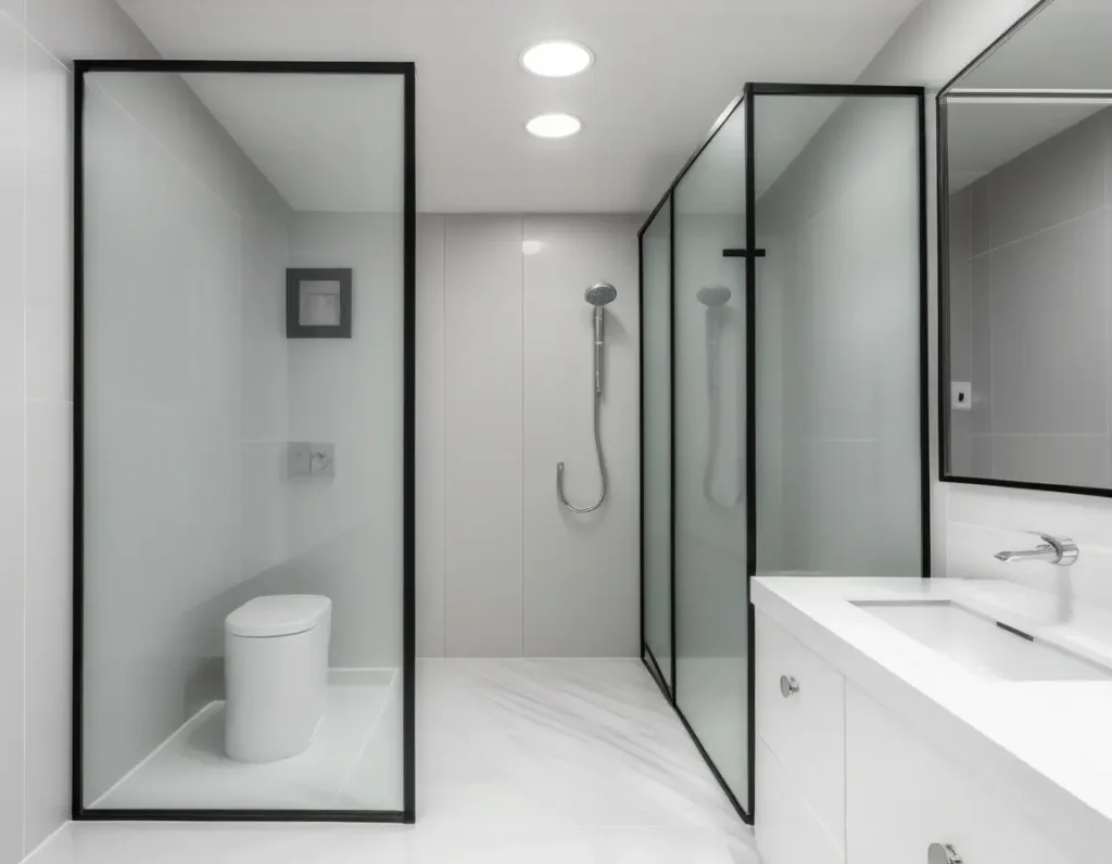 Space-saving walk-in shower in a trendy small bathroom design.
