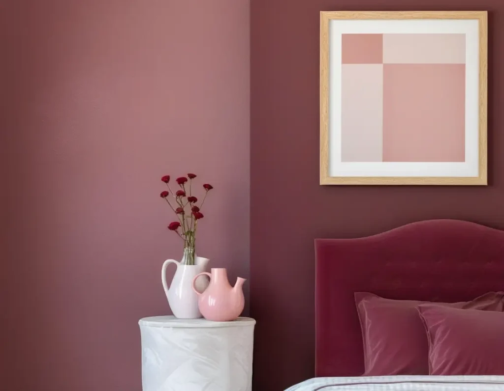 Romantic bedroom with maroon and blush pink color accents.
