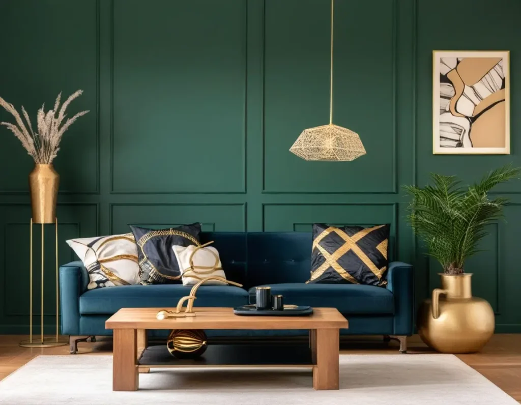 Rich emerald walls with navy sofas creating a sophisticated living room aesthetic.
