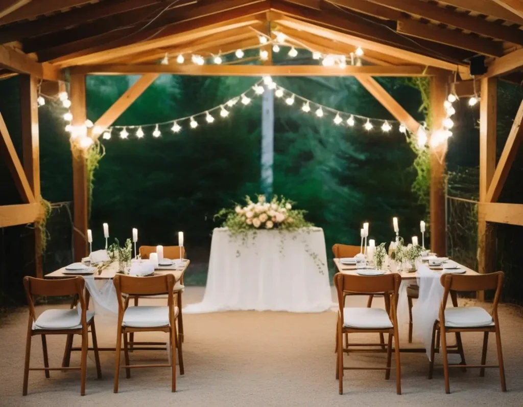 Outdoor wedding setup with floral decor, lighting, and elegant seating arrangements.
