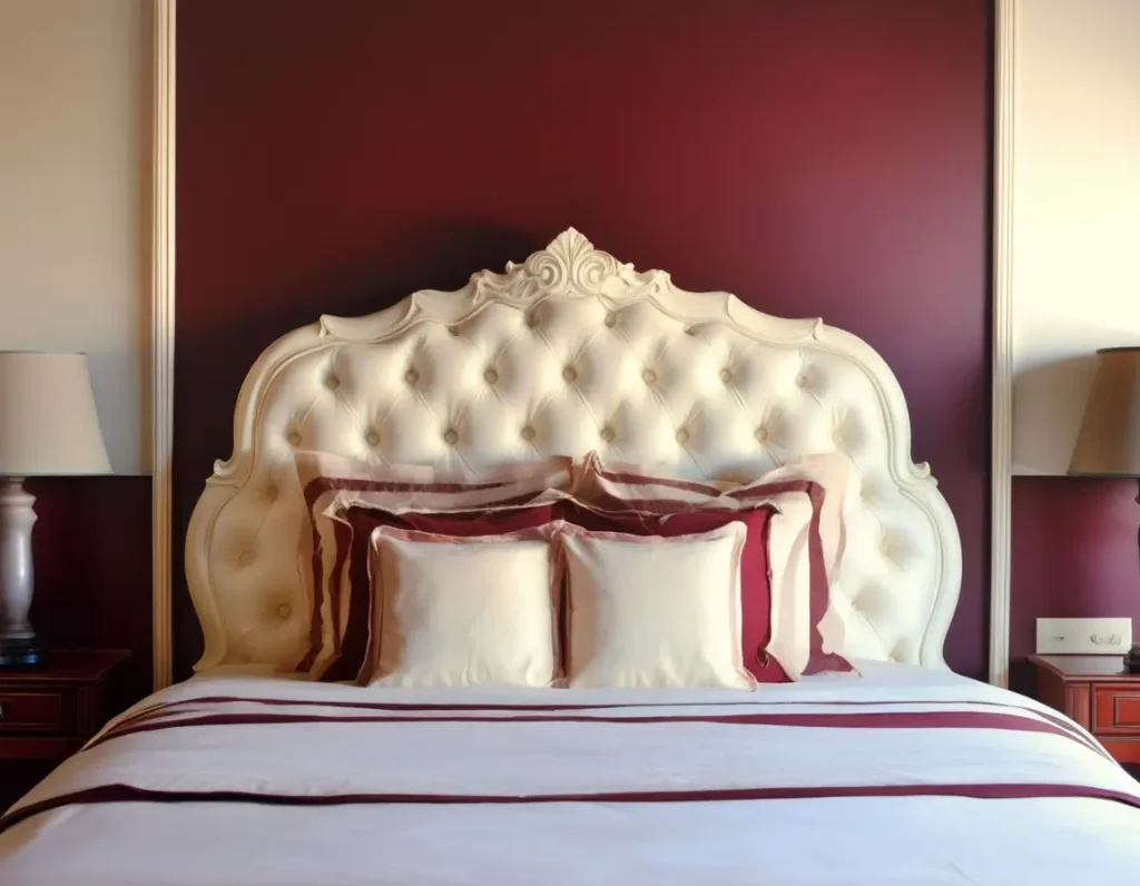 Classic bedroom design with maroon and cream decor elements.
