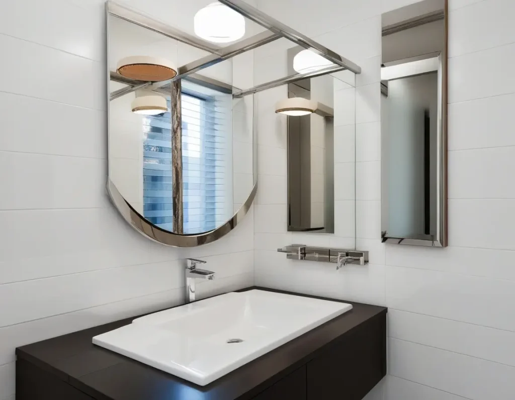 Large mirror adding depth and elegance to a small bathroom.
