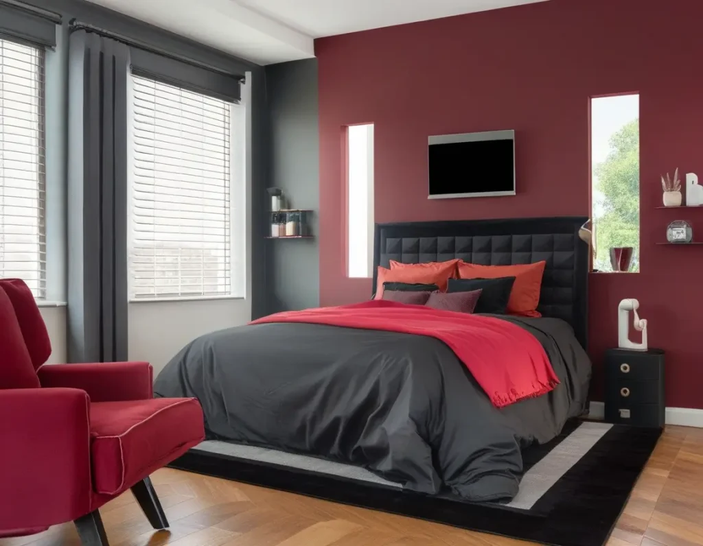 Bold bedroom with maroon and black color scheme and modern furnishings.
