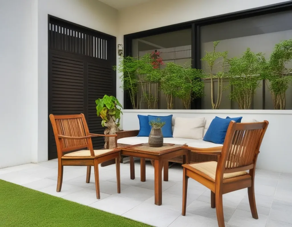 Renovated patio with cozy seating and elegant landscaping.
