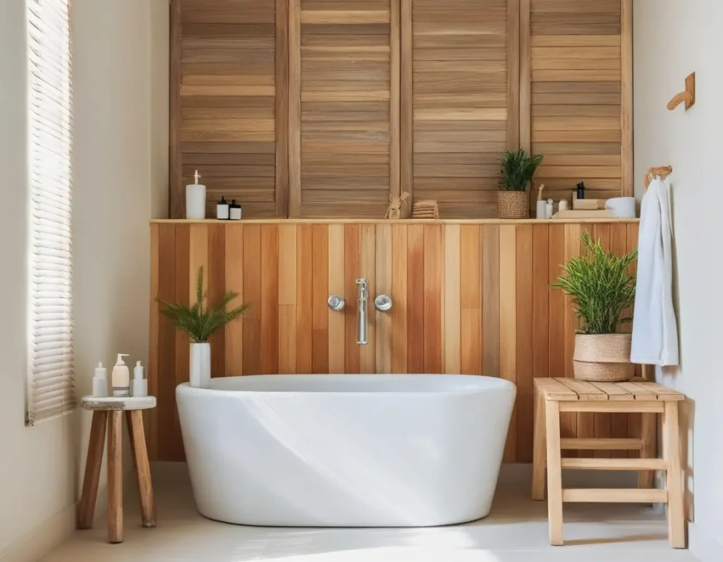 Small bathroom with greenery and earthy decor for a natural vibe.
