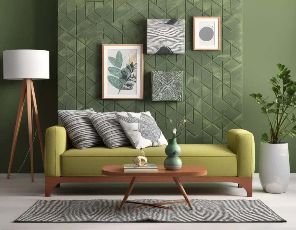 Living room with green textured walls and patterned cushions for added style.
