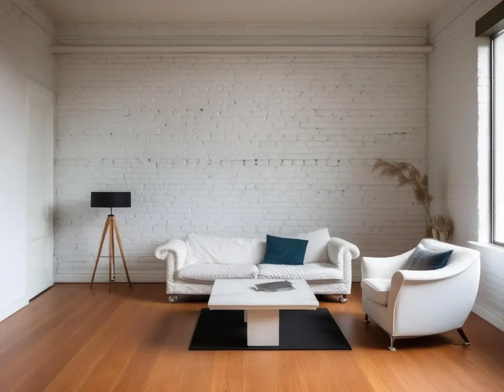 Soft and subtle whitewashed brick wall texture in a cozy living room.
