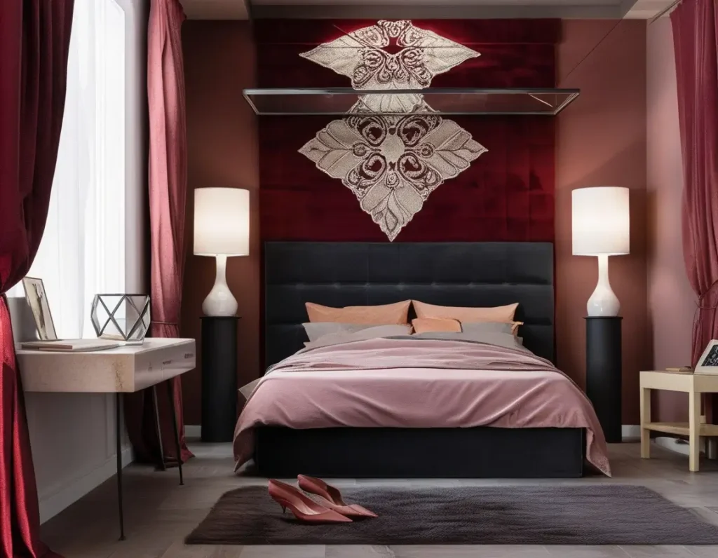 Bedroom with maroon velvet and silk elements for added texture.
