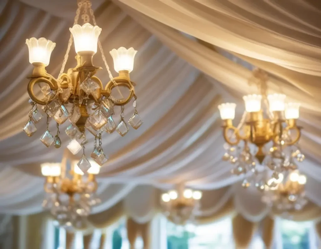 Hanging floral arrangements and drapery creating stunning ceiling decor for weddings.
