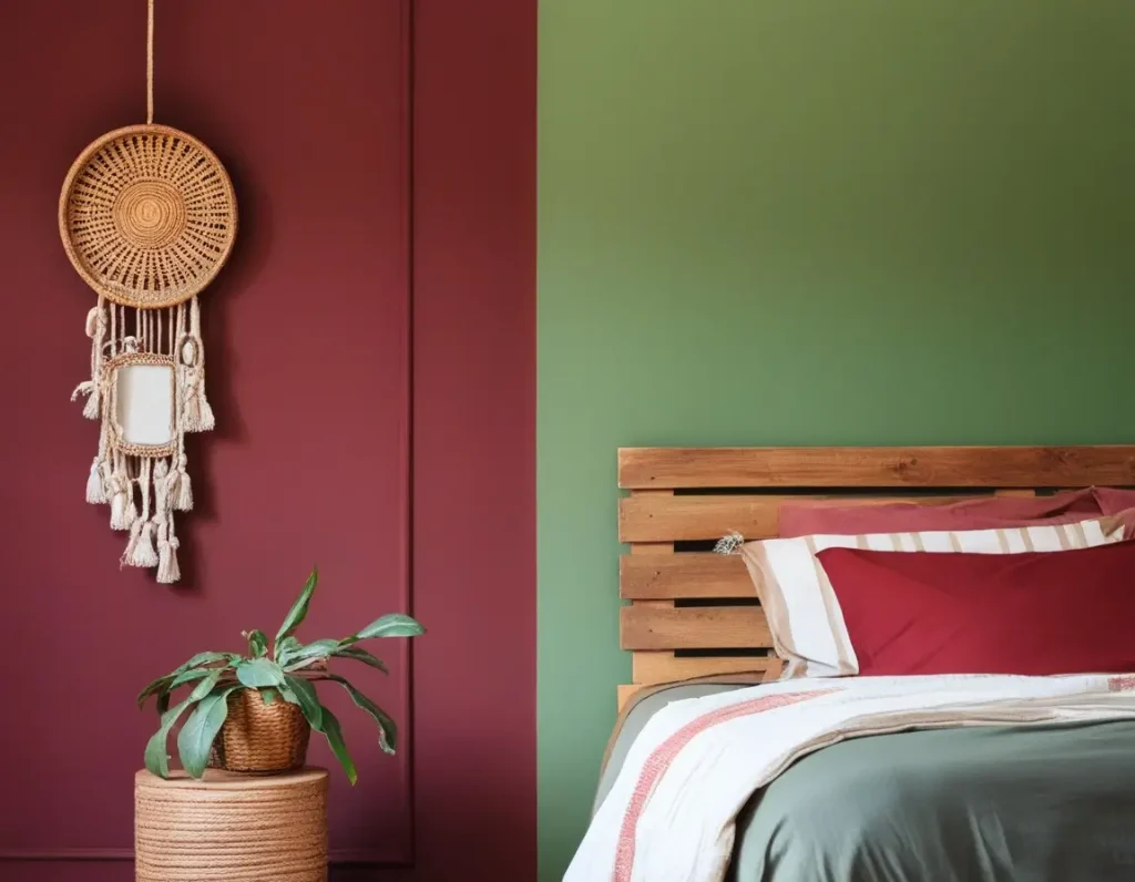 Refreshing bedroom featuring maroon and green color combinations.
