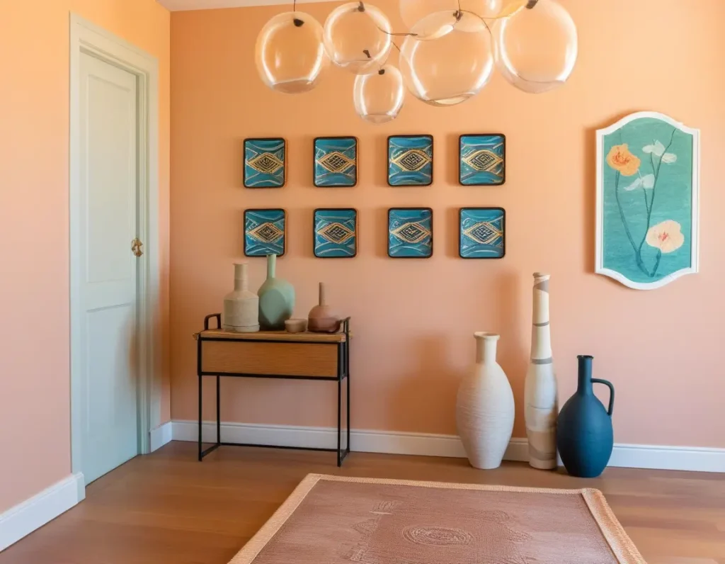 Accent decor items that beautifully complement peach-colored walls.
