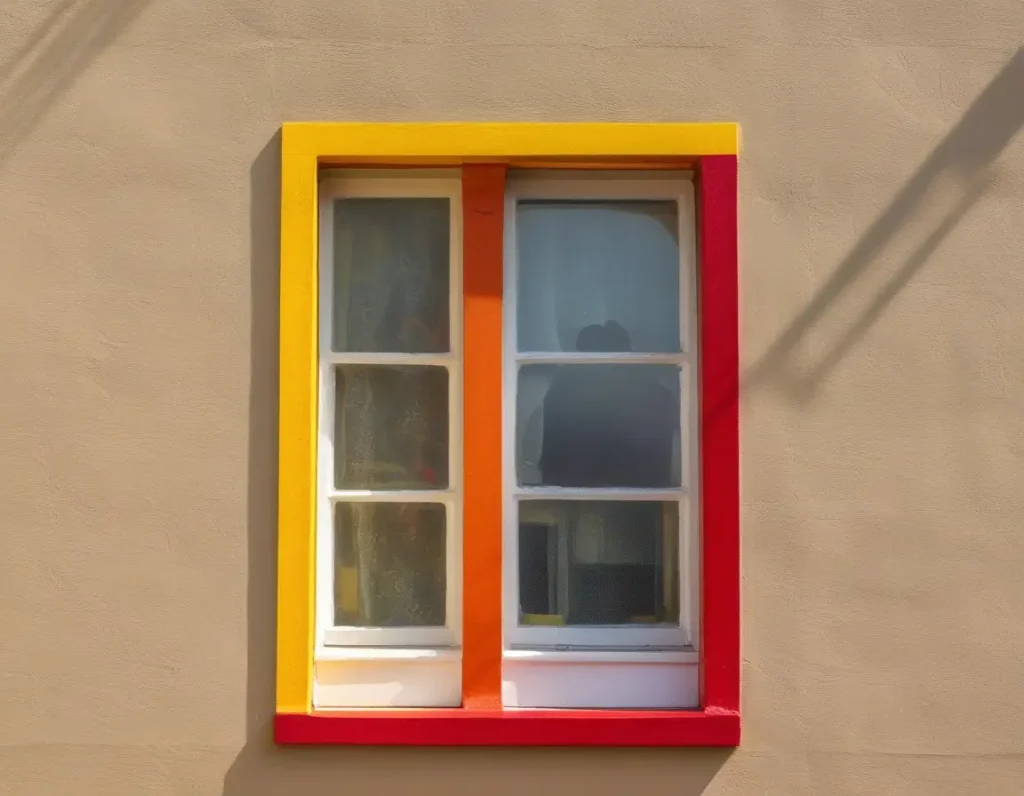 Vividly painted window frames adding warmth and energy to the space.
