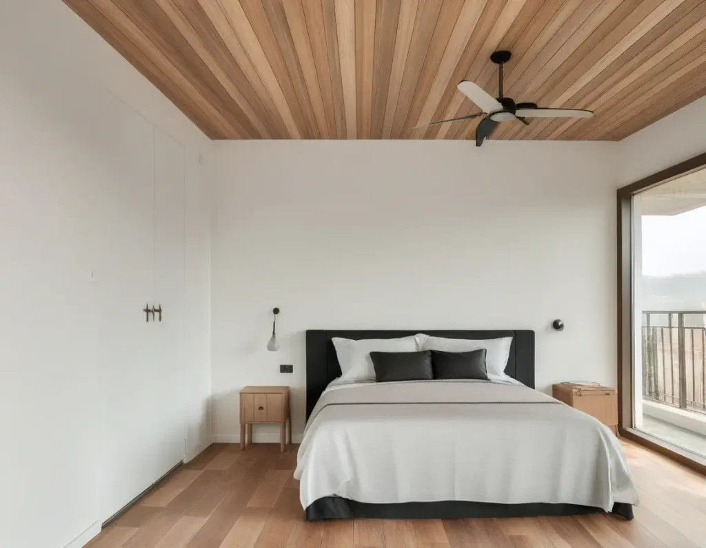 Minimalist bedroom featuring a sleek PVC ceiling design for a clean look.
