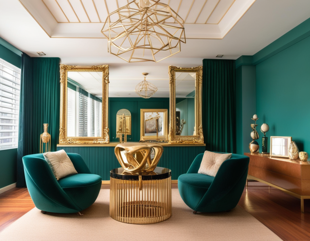 Sophisticated living room featuring green walls with gold-framed mirrors and decor.
