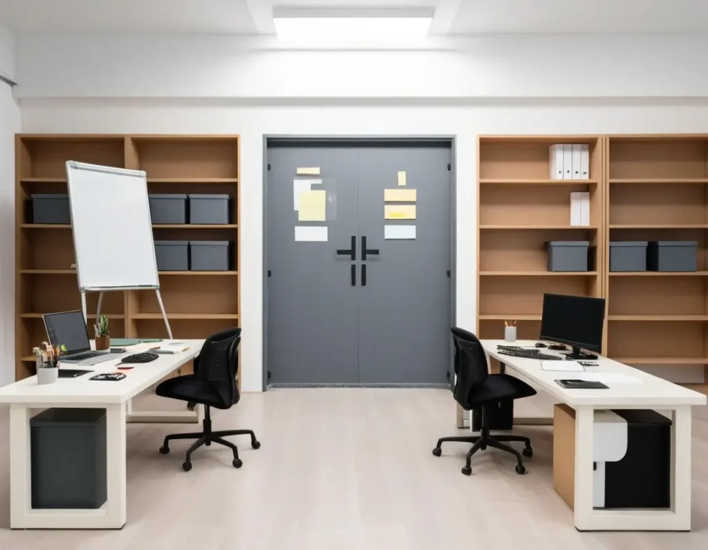 Space partitions used to create separate zones within a small office.
