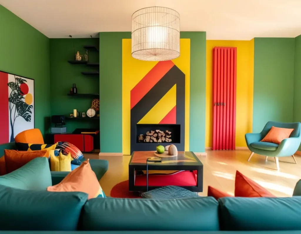 Vibrant green walls paired with orange and yellow decor accents in a living room.
