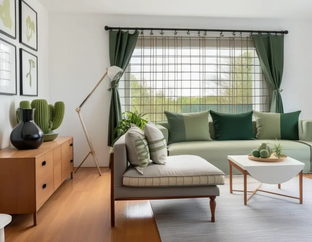 Decorative green pillows, curtains, and wall art enhancing a modern living room.
