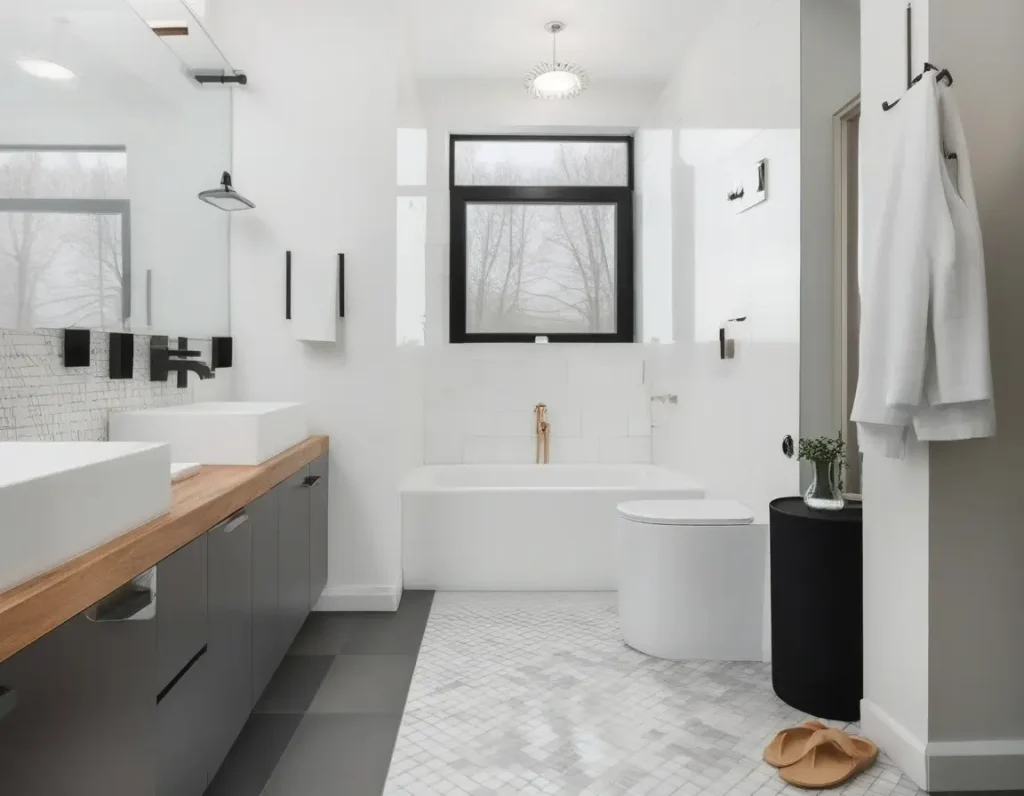 Compact bathroom with an optimized layout and storage solutions.
