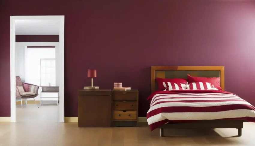 Beautiful bedroom decorated with maroon accents and complementary colors.