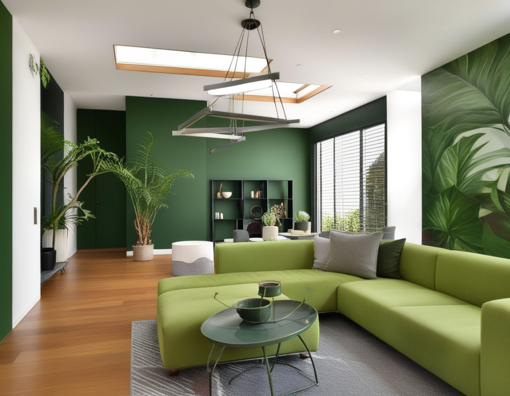 Living room showcasing various green tones in cushions, walls, and decor items.
