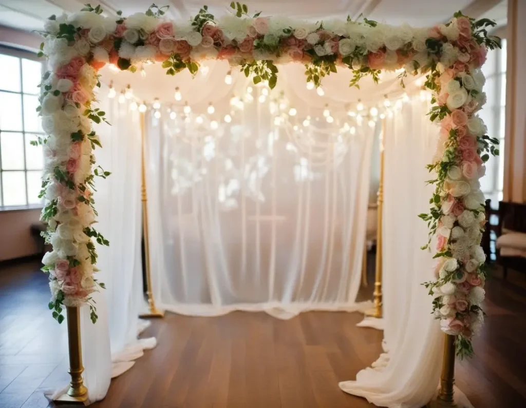 Elegant floral and light-draped backdrops designed for stunning wedding photographs.
