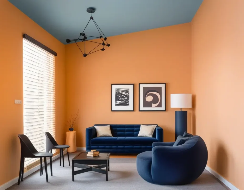 Modern interior featuring peach walls contrasted with navy furniture.
