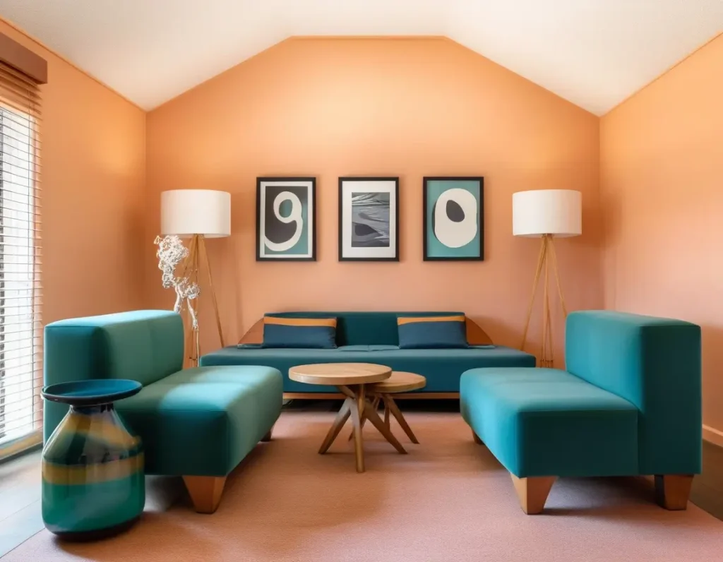 Vibrant home decor featuring peach walls paired with teal accents.
