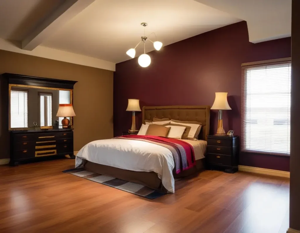 Warm and inviting bedroom with maroon and brown accents.
