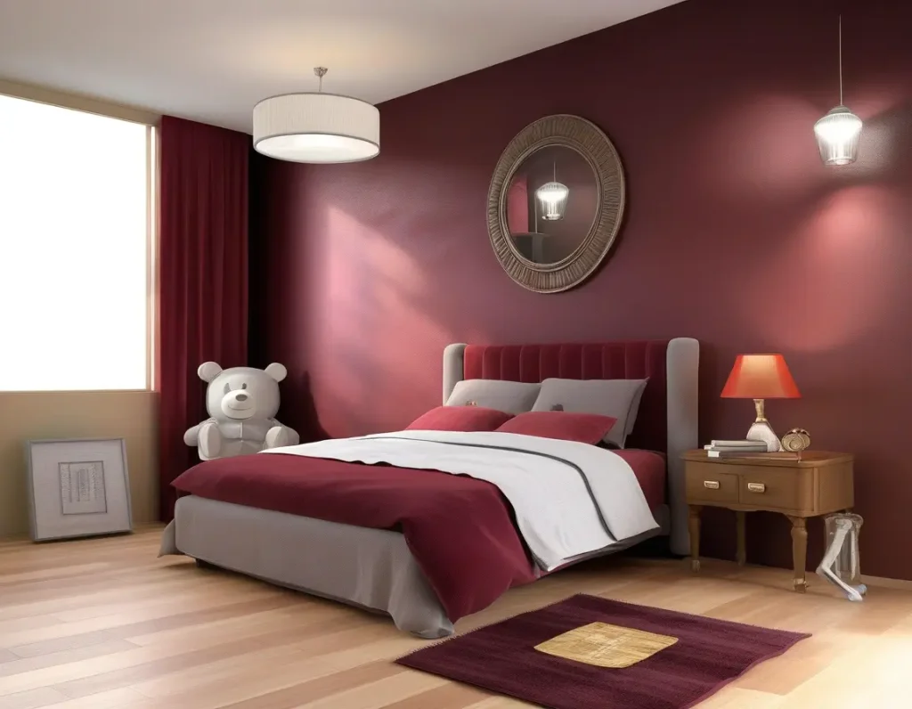 Well-maintained maroon-themed bedroom with vibrant decor.
