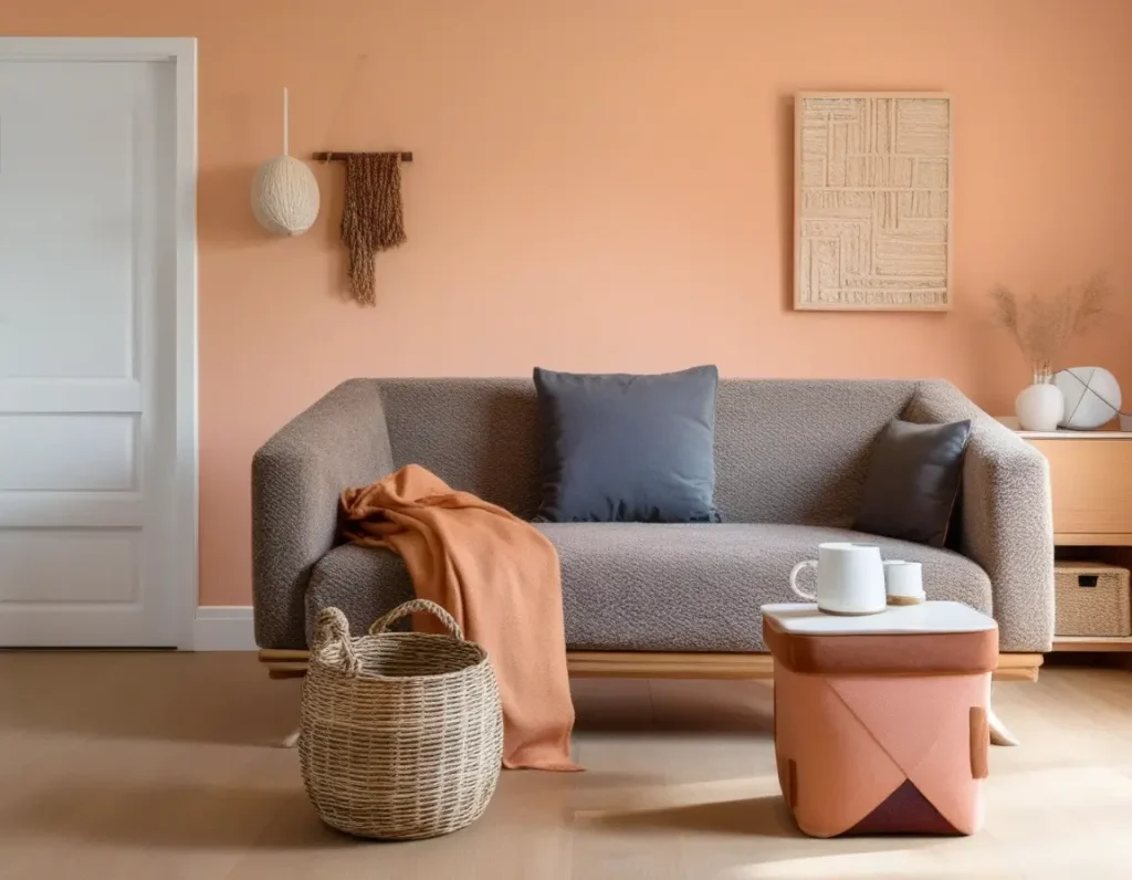 A calming living space with peach and beige color combinations.
