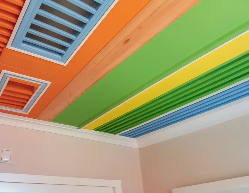 Bedroom with a colorful PVC ceiling to add vibrancy to the space.
