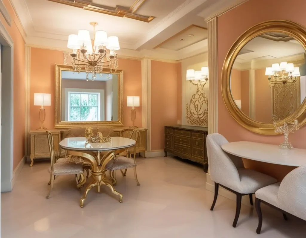 Elegant peach walls enhanced with gold accents for a luxurious look.
