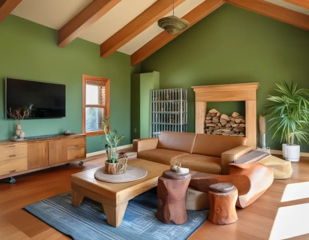 Green Walls with Warm Wooden Tones in Living Room
