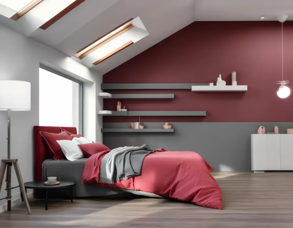 Minimalist bedroom with maroon and gray walls and simple furnishings.
