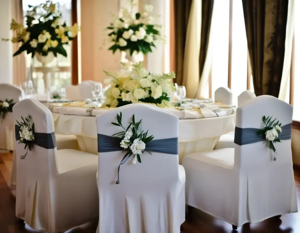 Wedding seating with beautifully decorated chairs and cozy, inviting settings.
