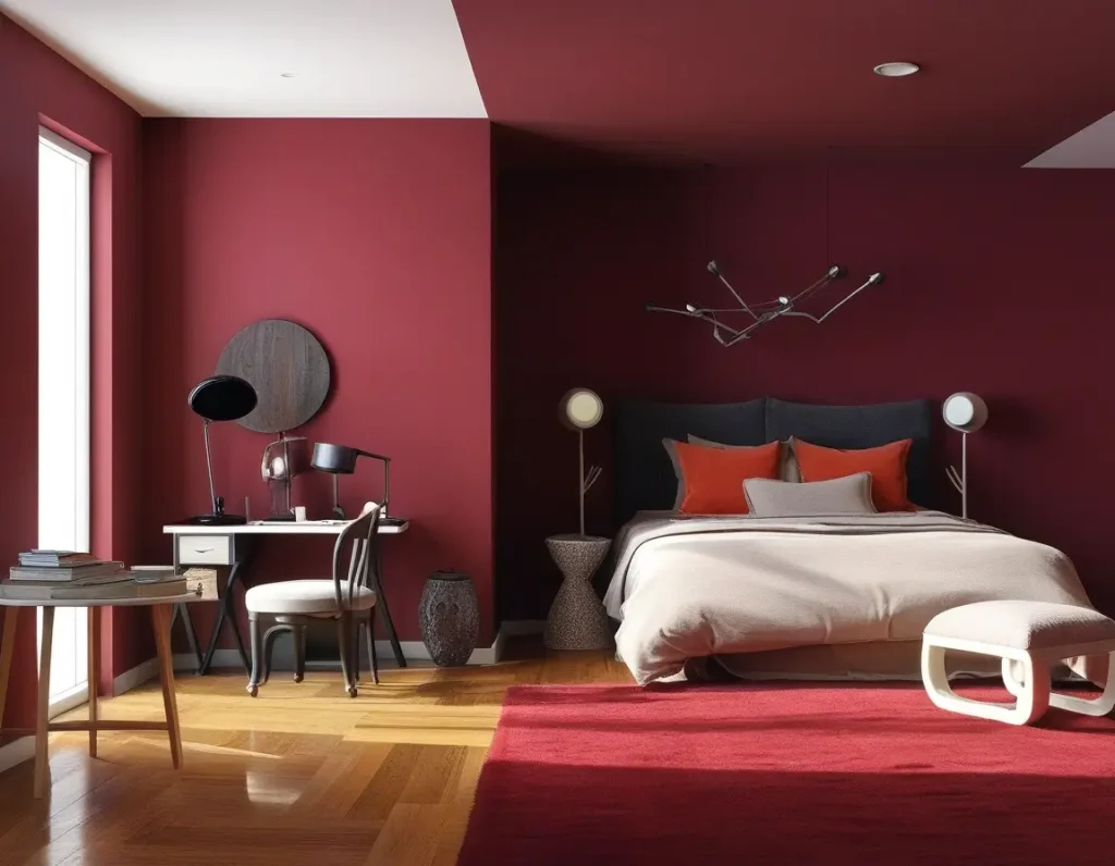 Bedroom with strategic lighting that enhances maroon decor.
