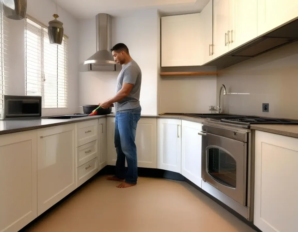 Efficient L-shaped kitchen layout featuring a seamless work triangle.
