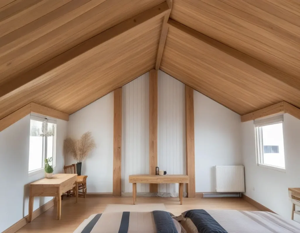 Bedroom with a wood-look PVC ceiling for a warm and inviting feel.
